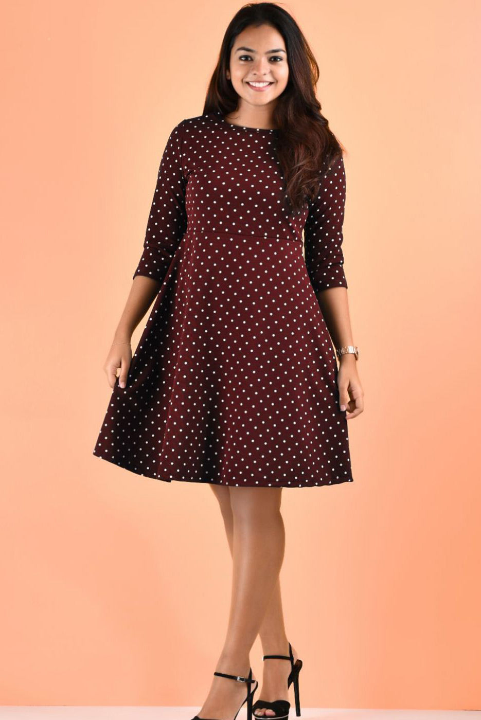 Maroon-Polka-Dot-Flared-Dress-Image