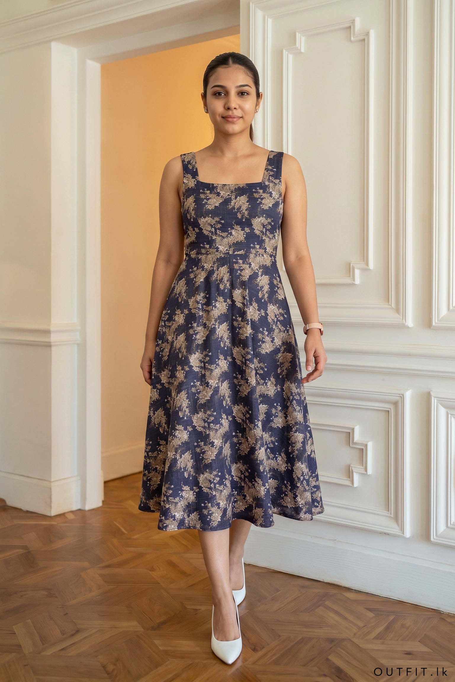 Square Neck Floral Midi Dress
