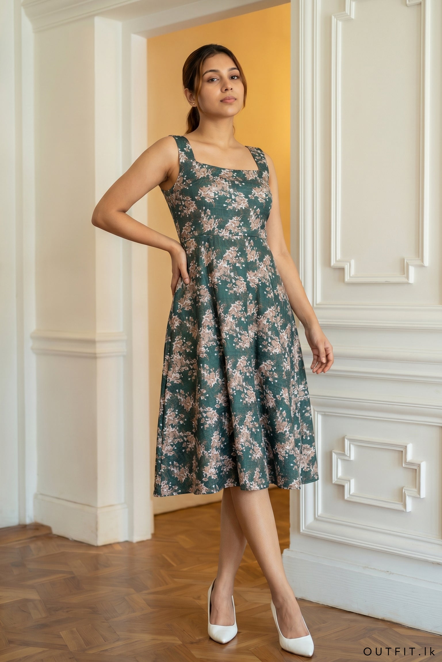 Square Neck Floral Midi Dress