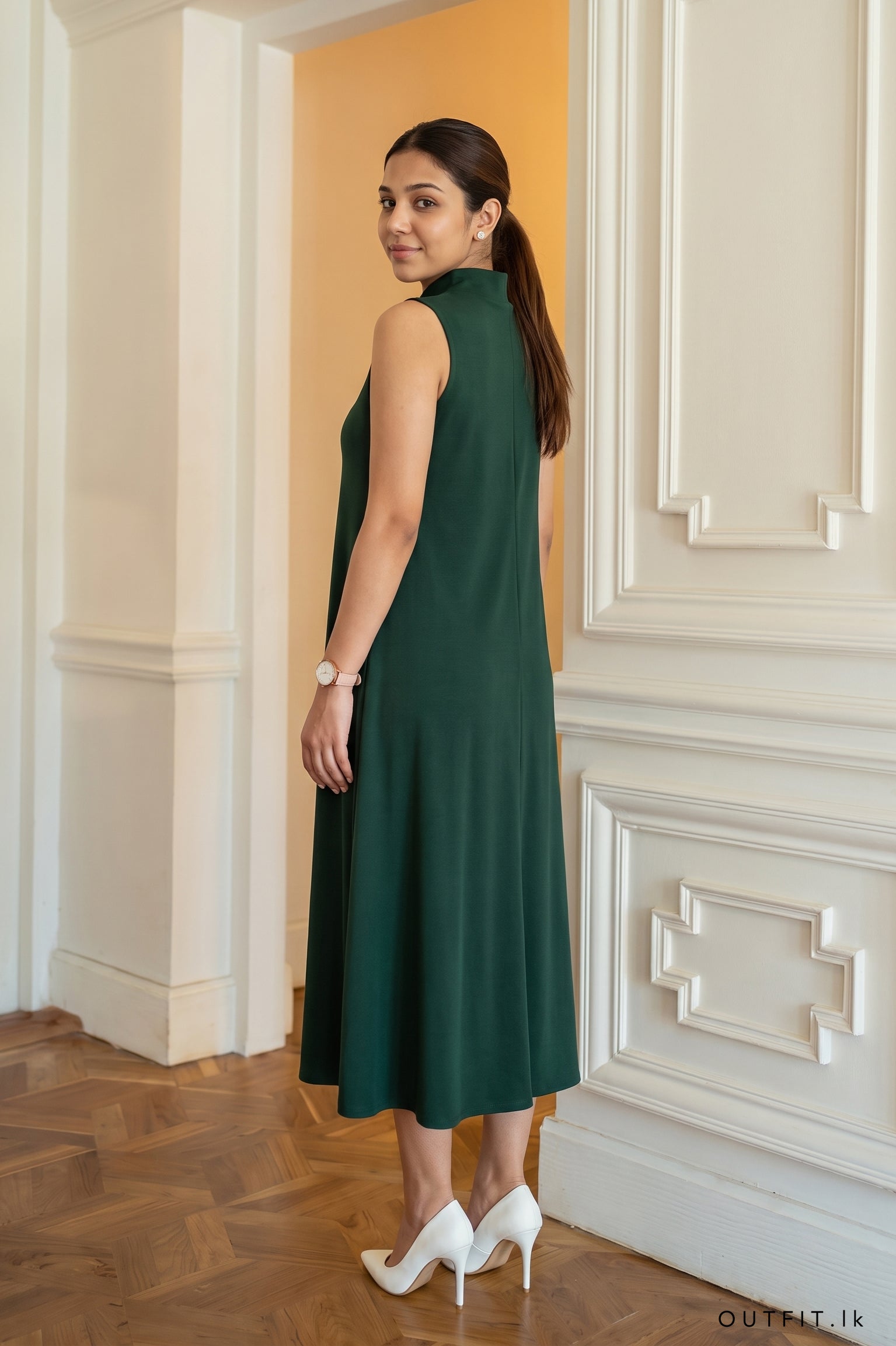 High Neck Sleeves Midi Dress