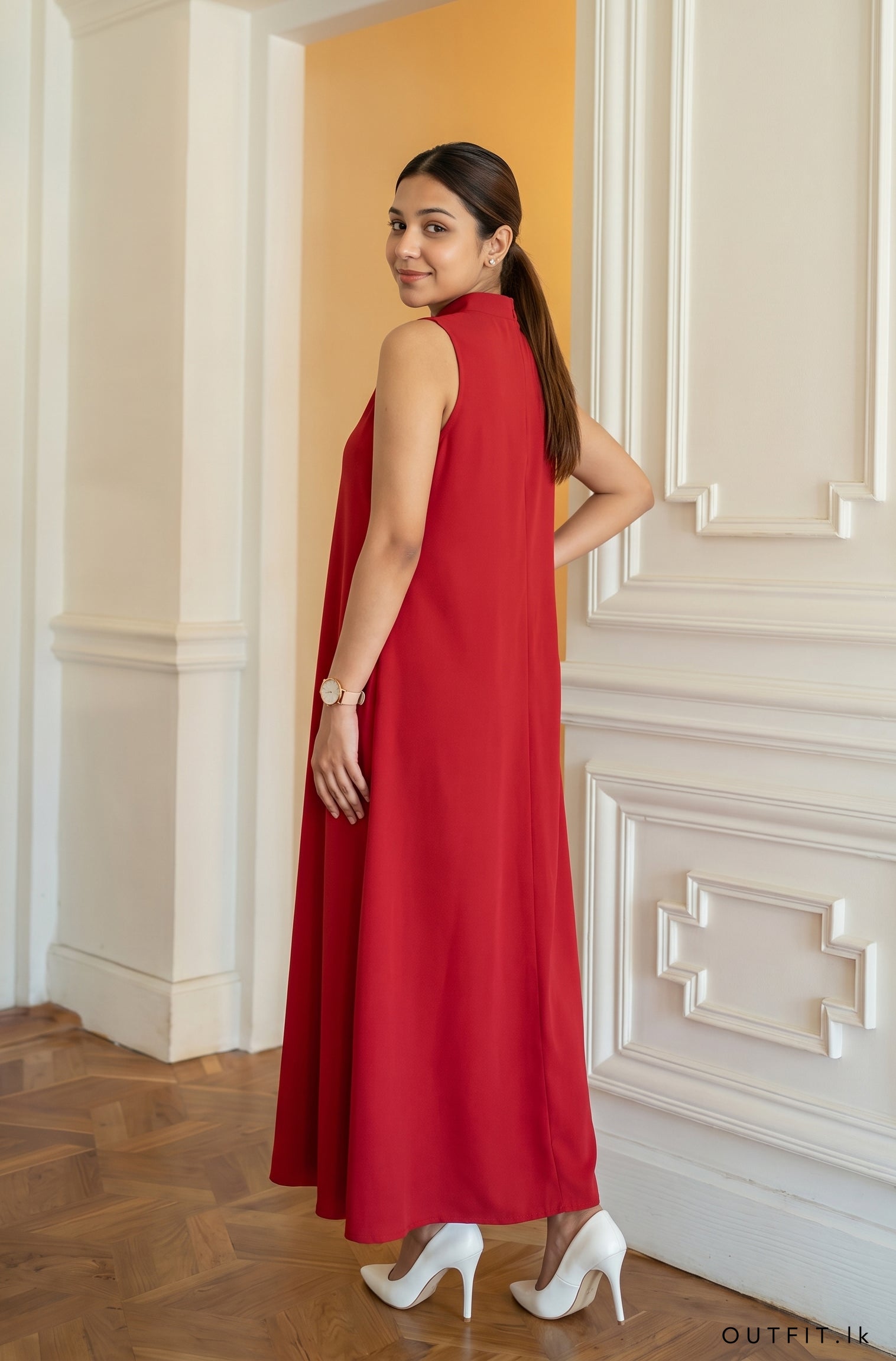 High Neck Sleeves Midi Dress