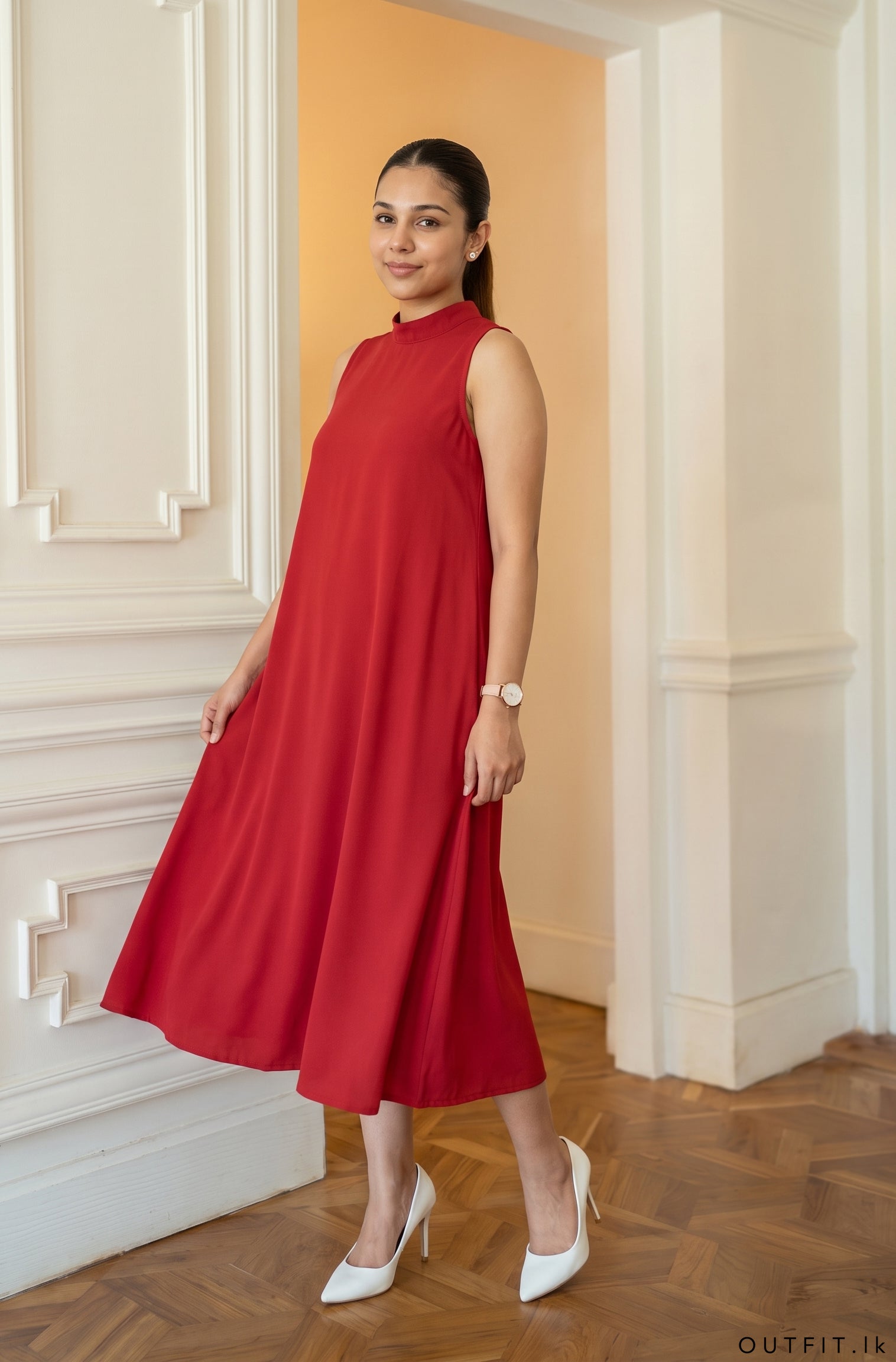 High Neck Sleeves Midi Dress